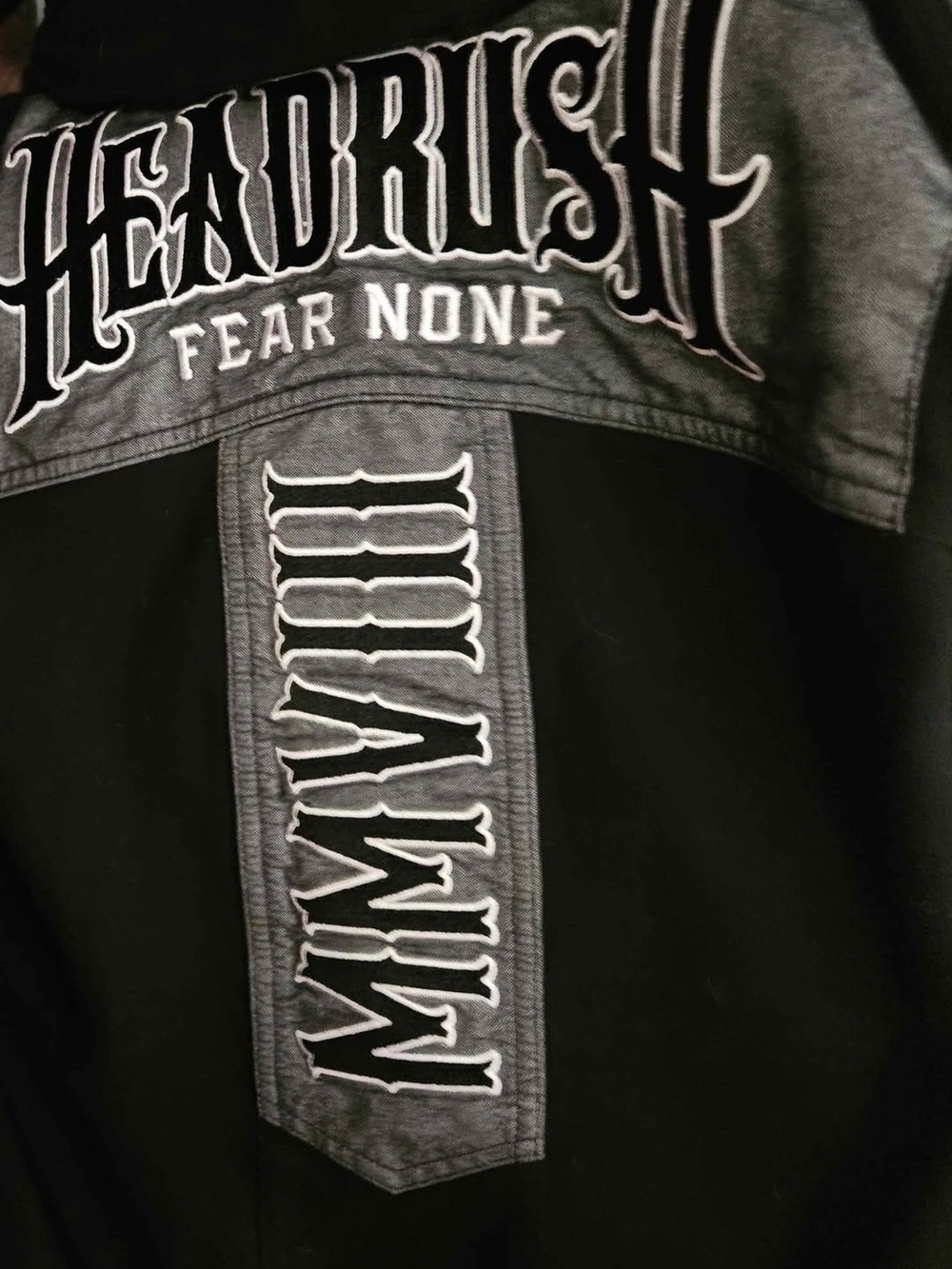 HeadRush Fear None Women's Black and Gray Denim-Panel Jean Jacket
